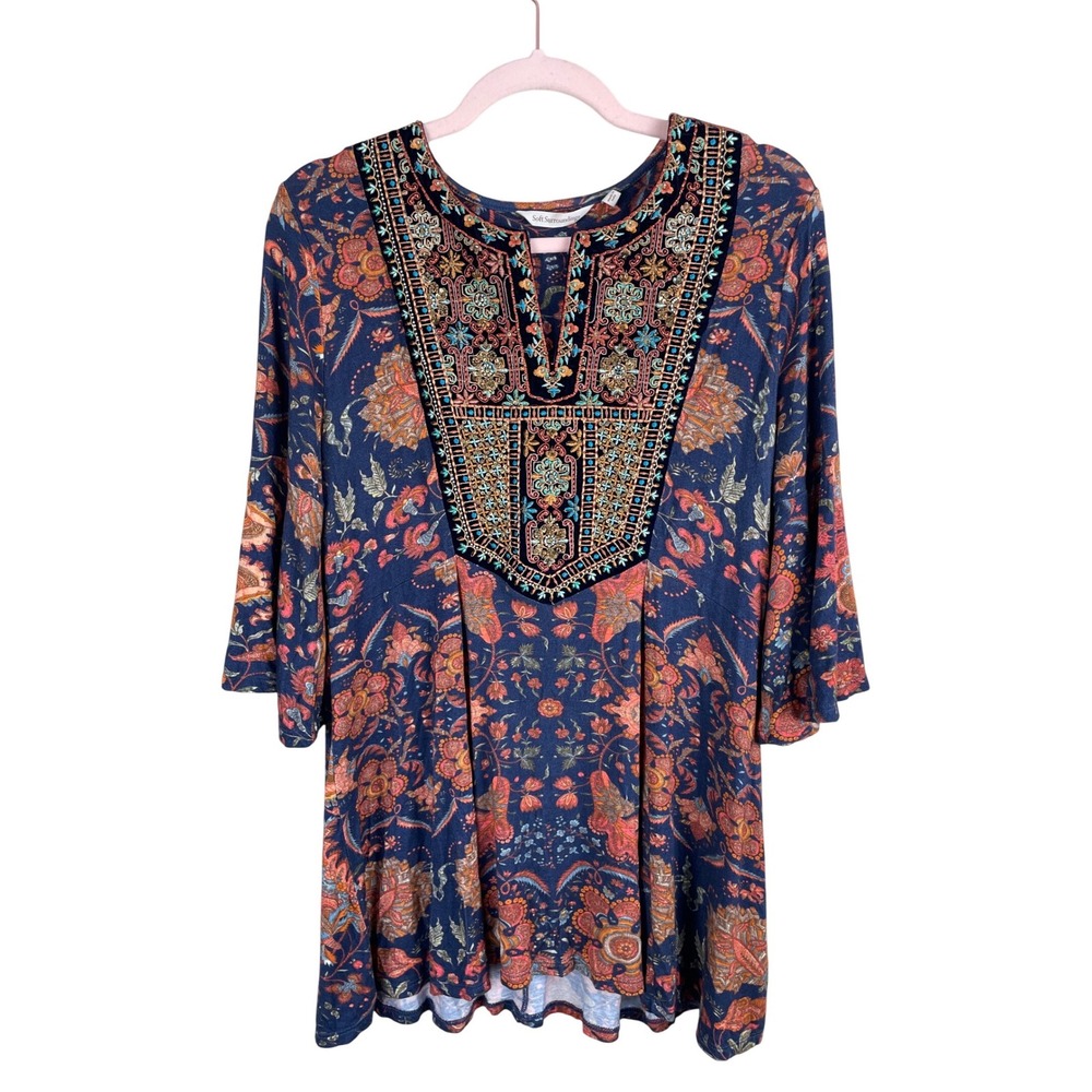 Soft Surroundings Vivian Embroidered Tunic‎ Navy Blue Floral Bell Sleeve P XS
